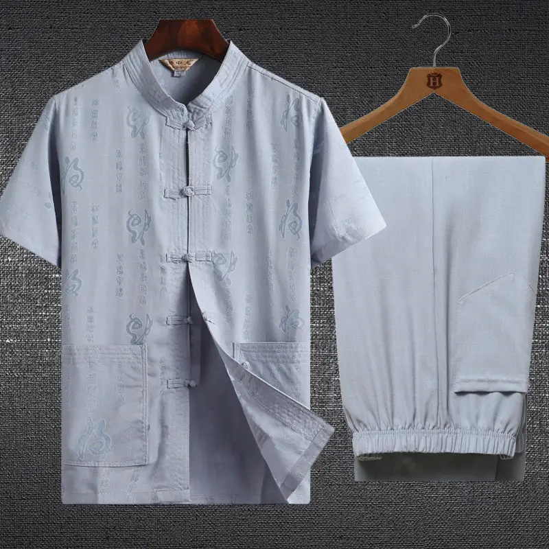 Men's White Linen Tang Suit with Embroidery - Image 3