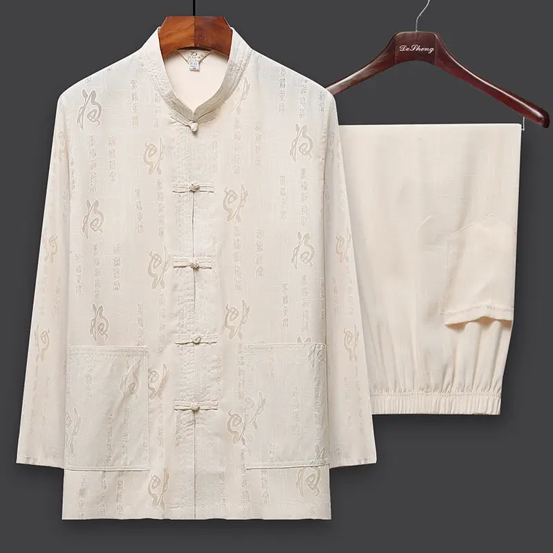 Men's White Linen Tang Suit with Embroidery - Image 4