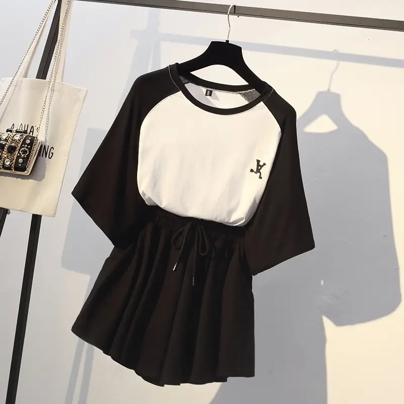 Plus Size Women's Black White Raglan Sleeve Skirt Set - Image 4