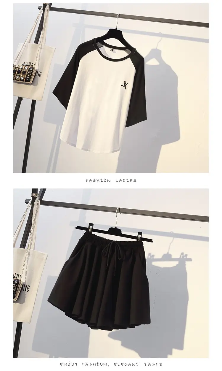 Plus Size Women's Black White Raglan Sleeve Skirt Set — feature 5