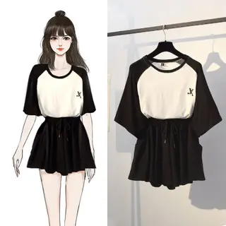 Plus Size Women's Black White Raglan Sleeve Skirt Set - Image 2