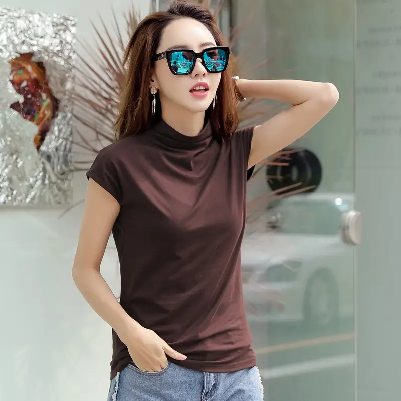 229 Short Sleeve Turtleneck T-Shirt Brown Slim Fit Women - Image 6