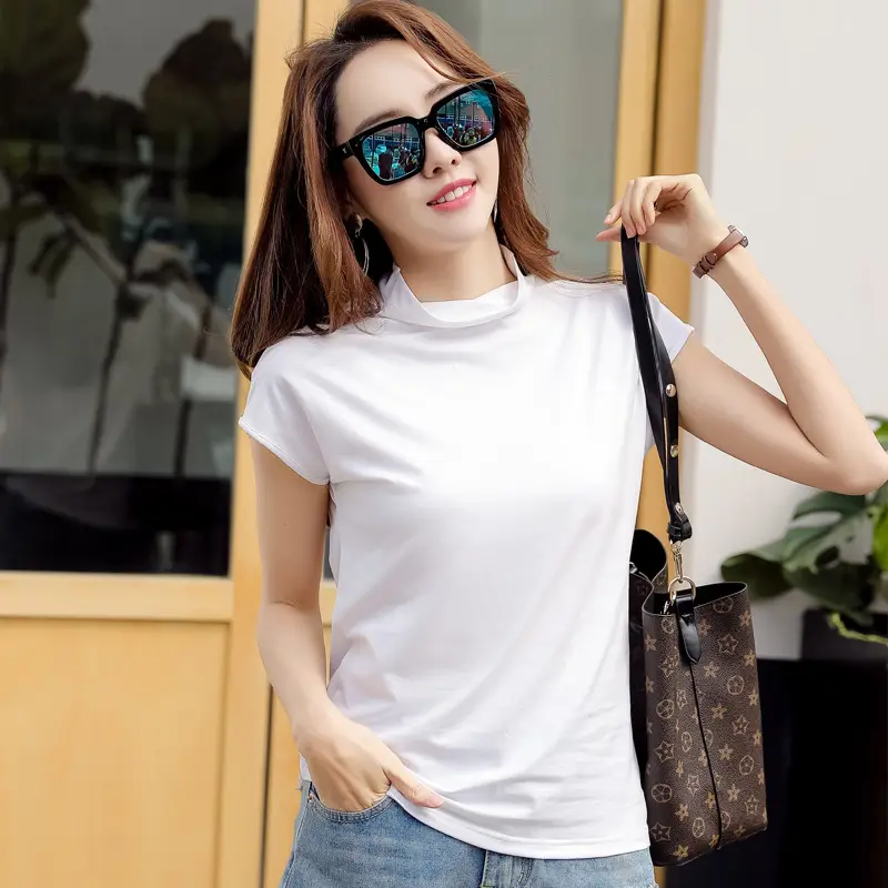 229 Short Sleeve Turtleneck T-Shirt Brown Slim Fit Women - Image 4