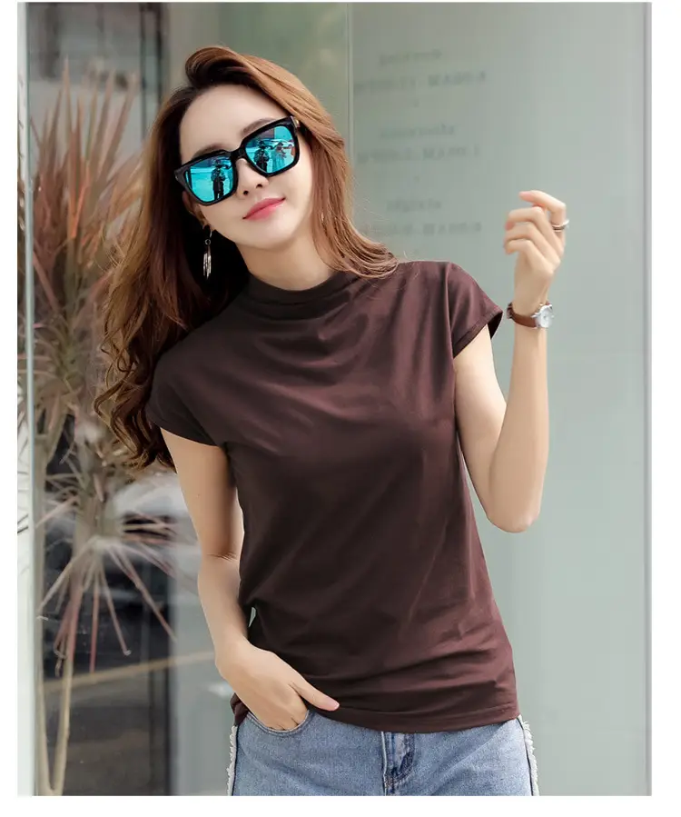 229 Short Sleeve Turtleneck T-Shirt Brown Slim Fit Women — feature 35