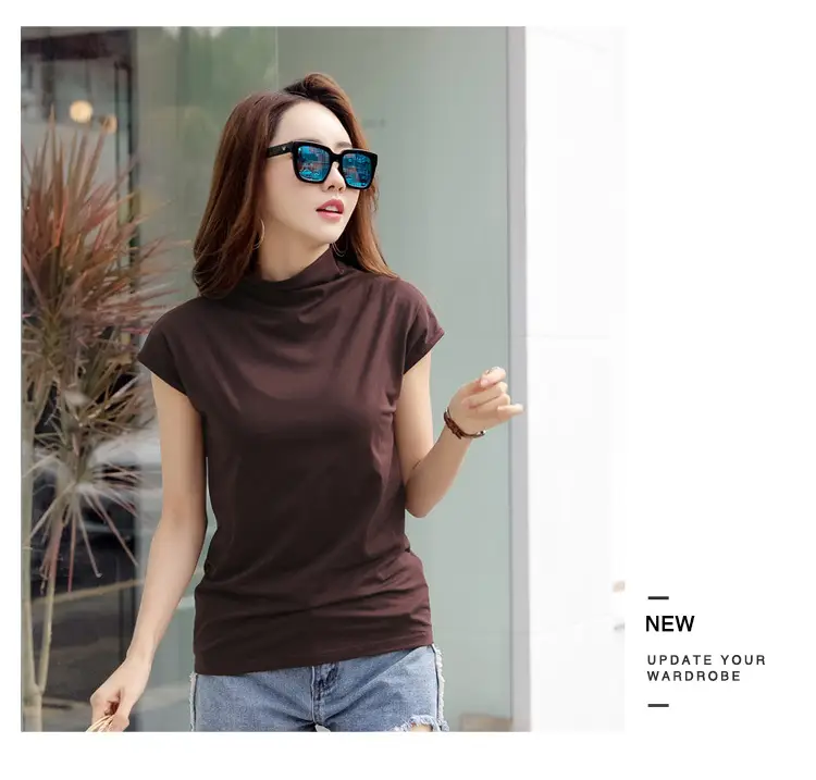 229 Short Sleeve Turtleneck T-Shirt Brown Slim Fit Women — feature 36