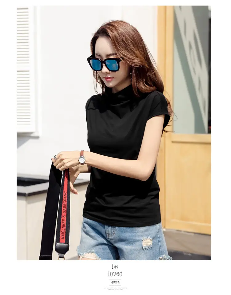 229 Short Sleeve Turtleneck T-Shirt Brown Slim Fit Women — feature 45