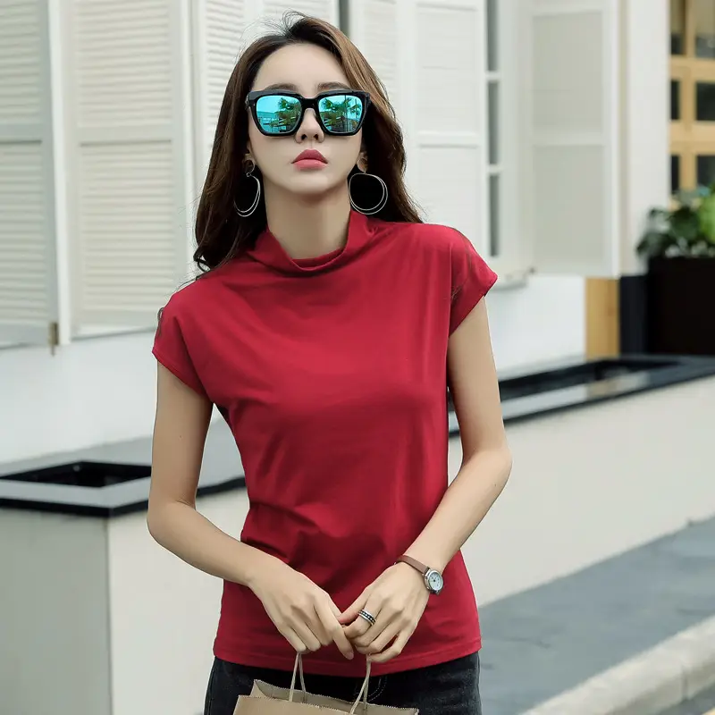 229 Short Sleeve Turtleneck T-Shirt Brown Slim Fit Women - Image 5