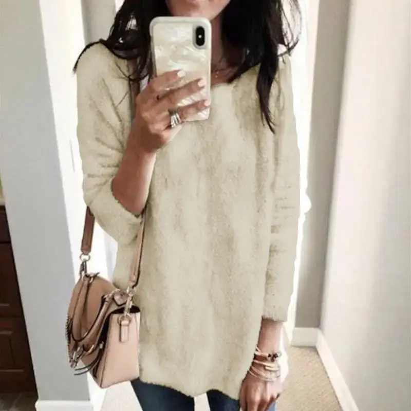 Women's Winter Round Neck Sweater Top Beige Fleece