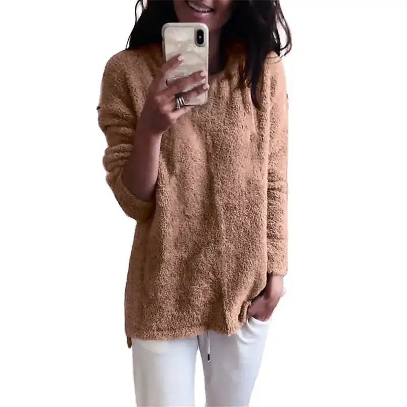 Women's Winter Round Neck Sweater Top Beige Fleece