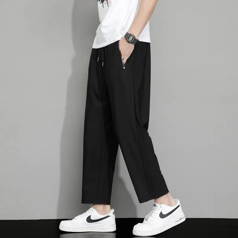 Men Korean Style Ice Silk Pants Black Stretch Loose Casual