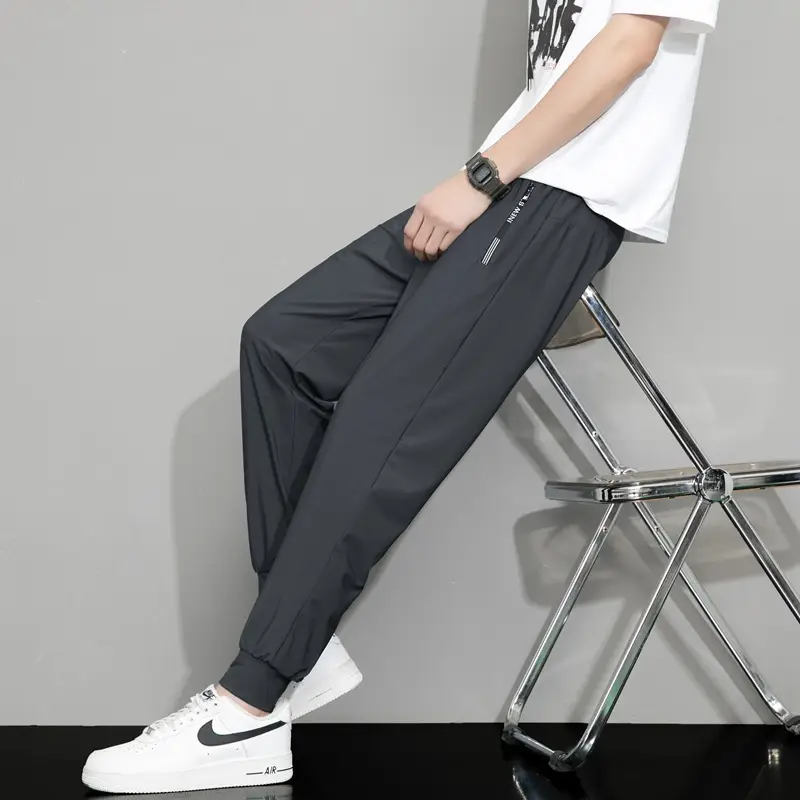 Men Korean Style Ice Silk Pants Black Stretch Loose Casual
