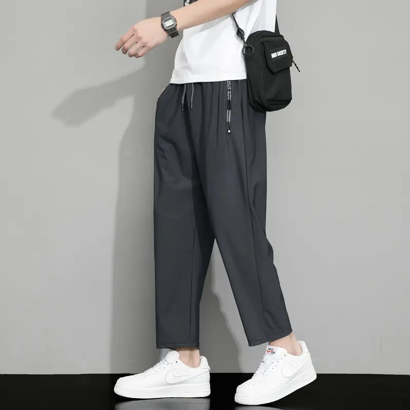 Men Korean Style Ice Silk Pants Black Stretch Loose Casual
