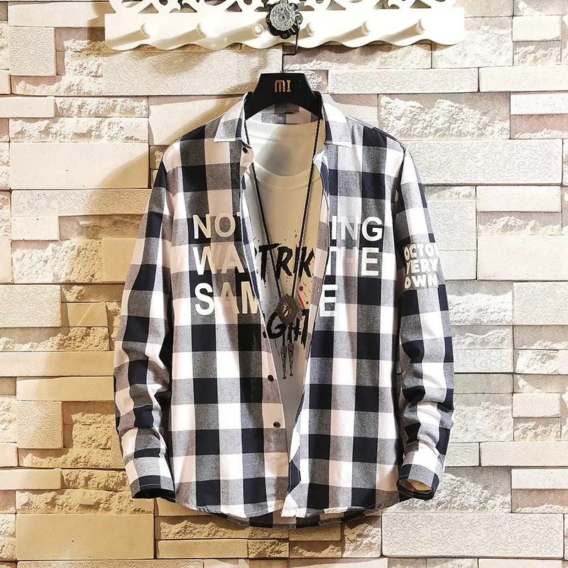 Men Plaid "Not Was Sam" Shirt Black White - Image 4