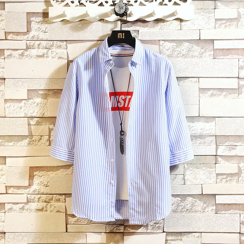 Men Striped Cotton Shirt Summer Slim Fit