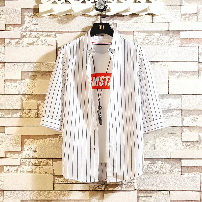 Men Striped Cotton Shirt Summer Slim Fit