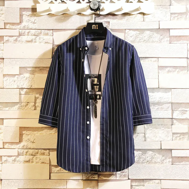 Men Striped Cotton Shirt Summer Slim Fit