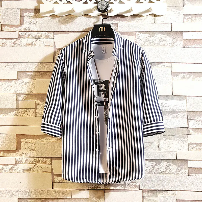 Men Striped Cotton Shirt Summer Slim Fit