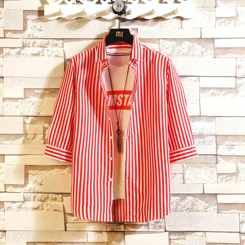 Men Striped Cotton Shirt Summer Slim Fit