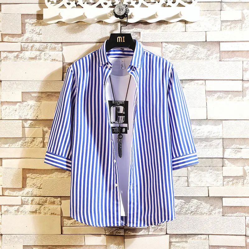 Men Striped Cotton Shirt Summer Slim Fit