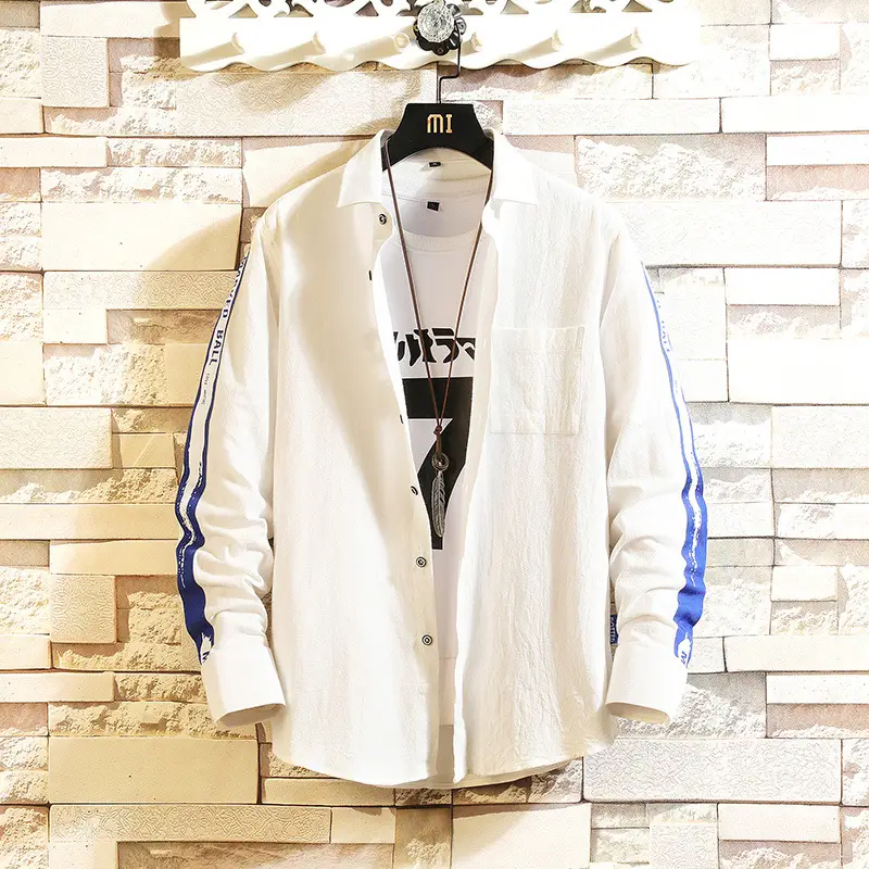 Men White Blue Striped Long Sleeve Shirt