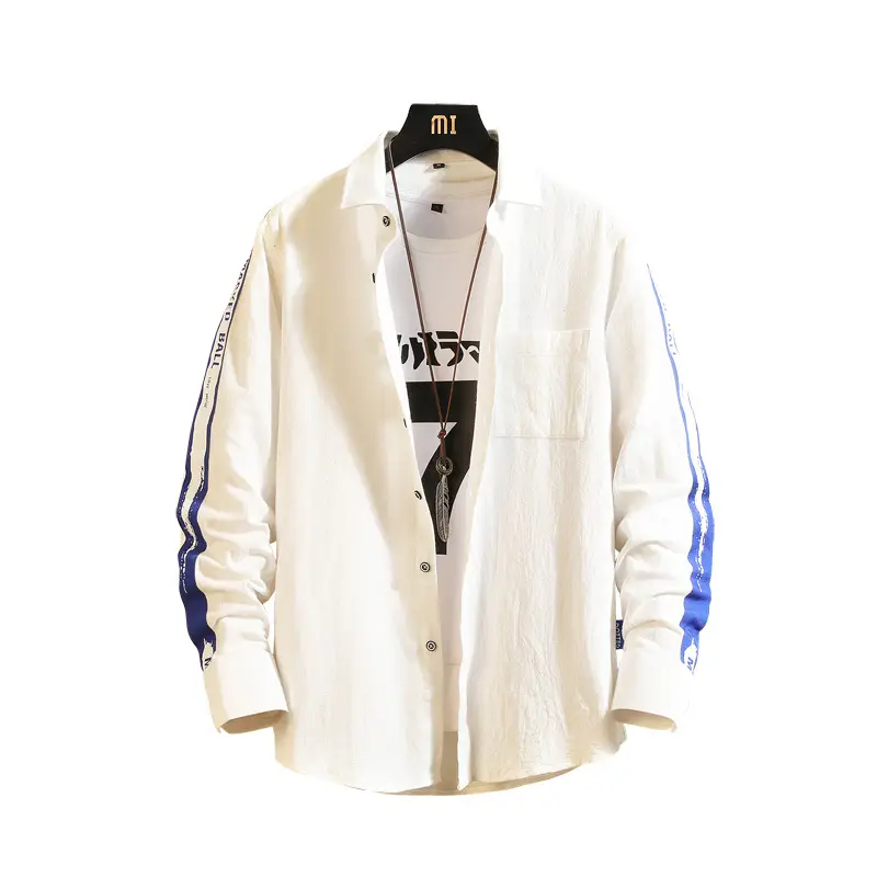Men White Blue Striped Long Sleeve Shirt