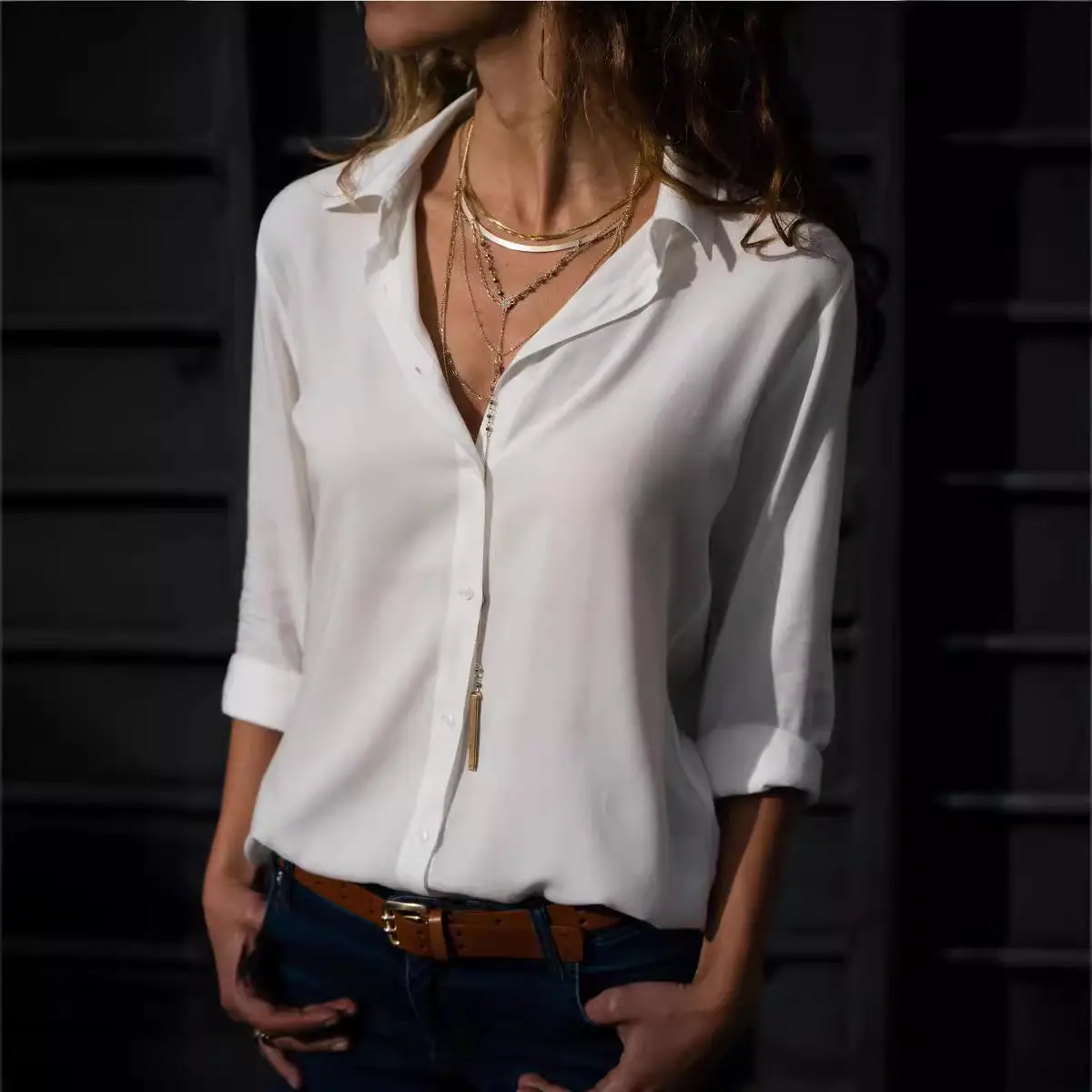 Long Sleeve Button Down Shirt for Women Green White - Image 10