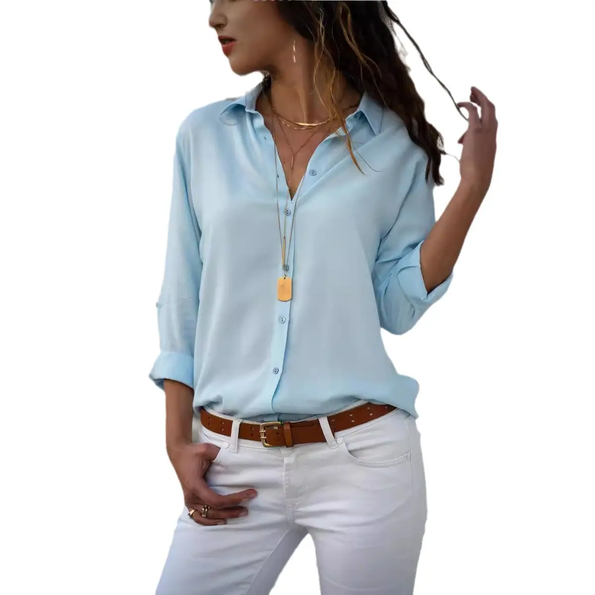 Long Sleeve Button Down Shirt for Women Green White - Image 13