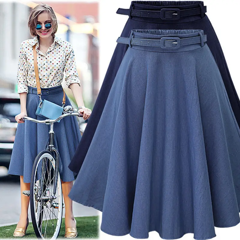 Women Navy Blue A-Word Skirt Large High Waist