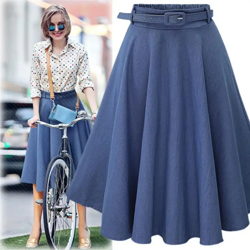 Women Navy Blue A-Word Skirt Large High Waist