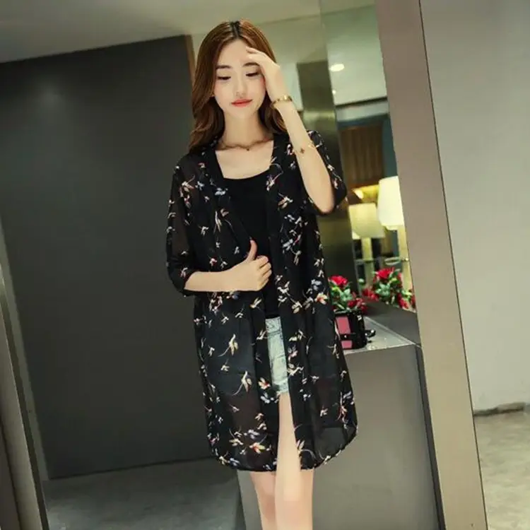 Women's Black Chiffon Sunscreen Cape Mid-Length Vessel Coat - Image 10