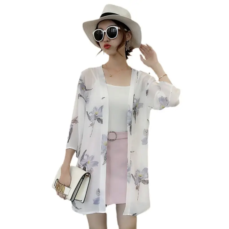 Women's Black Chiffon Sunscreen Cape Mid-Length Vessel Coat - Image 13