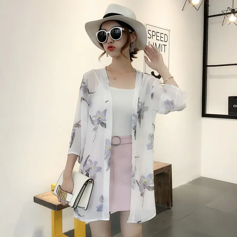 Women's Black Chiffon Sunscreen Cape Mid-Length Vessel Coat - Image 2