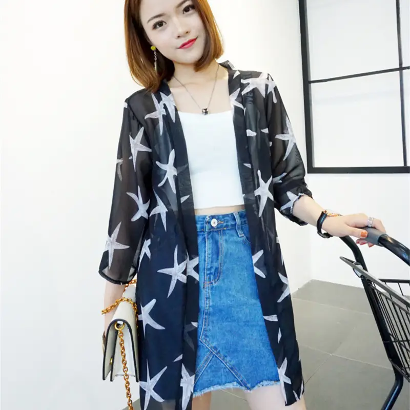 Women's Black Chiffon Sunscreen Cape Mid-Length Vessel Coat - Image 5