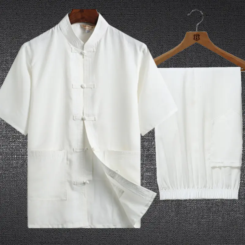 Men Linen Tang Suit White Short Sleeve Chinese Style