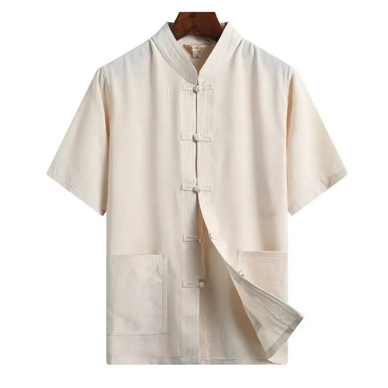 Men Linen Tang Suit White Short Sleeve Chinese Style