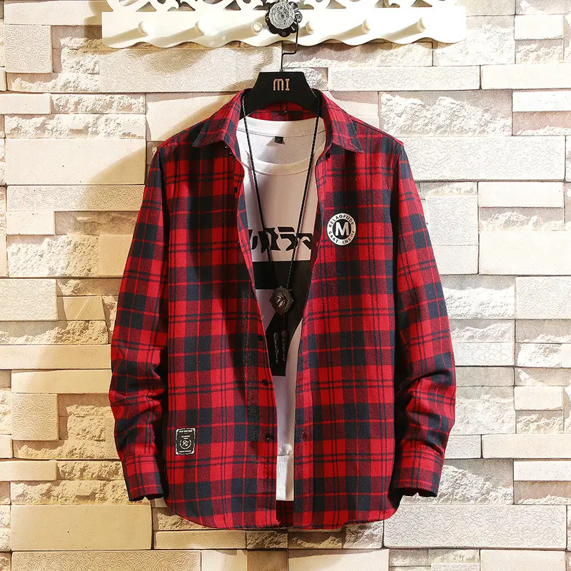 Men Red Plaid Cotton Long Sleeve Shirt - Image 3