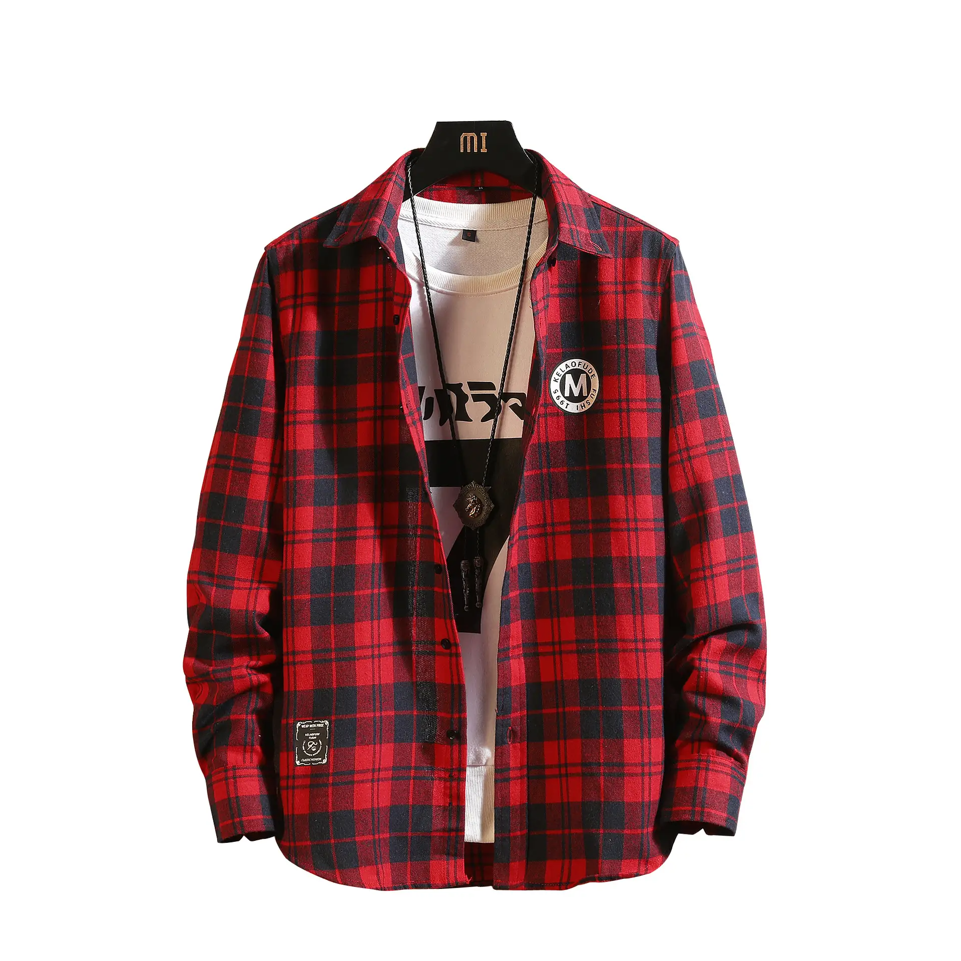 Men Red Plaid Cotton Long Sleeve Shirt - Image 7