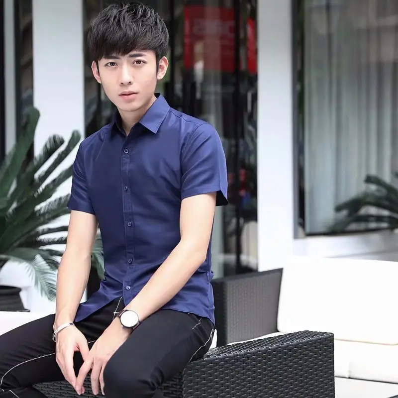 Men Slim Fit Light Blue Short Sleeve Shirt Summer Wear