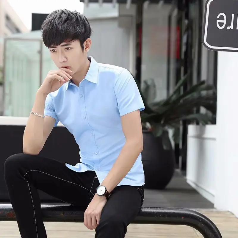 Men Slim Fit Light Blue Short Sleeve Shirt Summer Wear