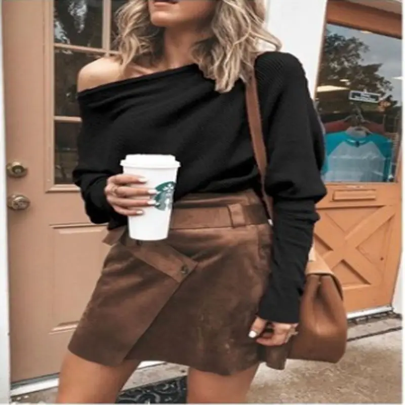 Black Off-Shoulder Knitted Top with Brown Shorts & Bag - Image 7