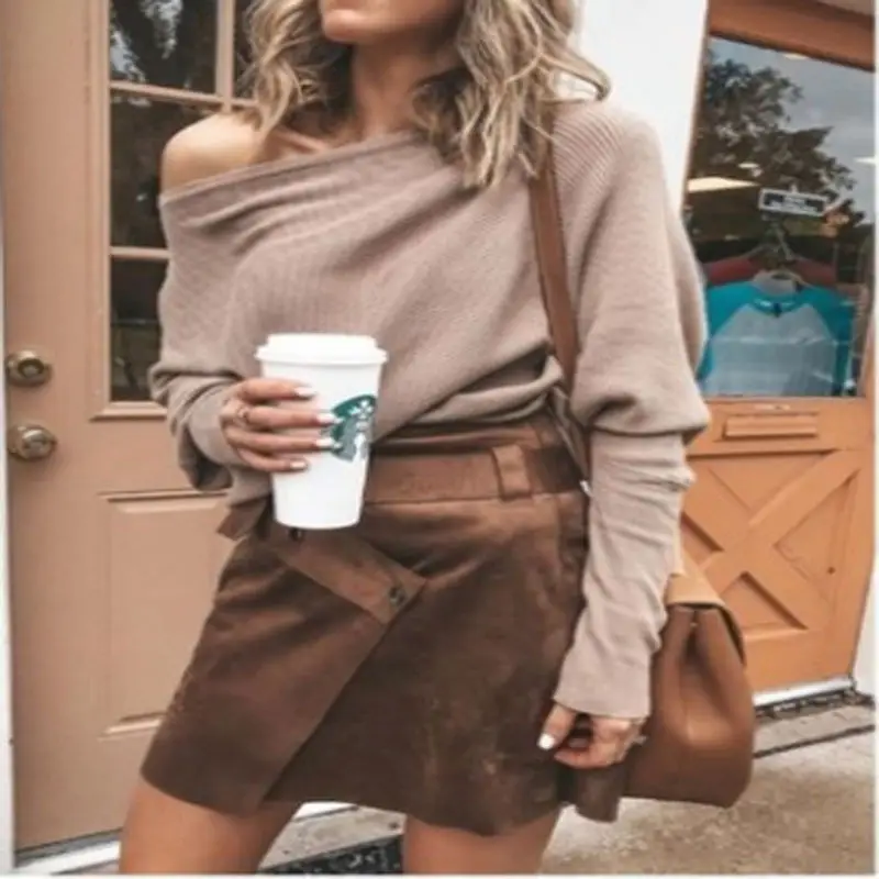 Black Off-Shoulder Knitted Top with Brown Shorts & Bag - Image 2