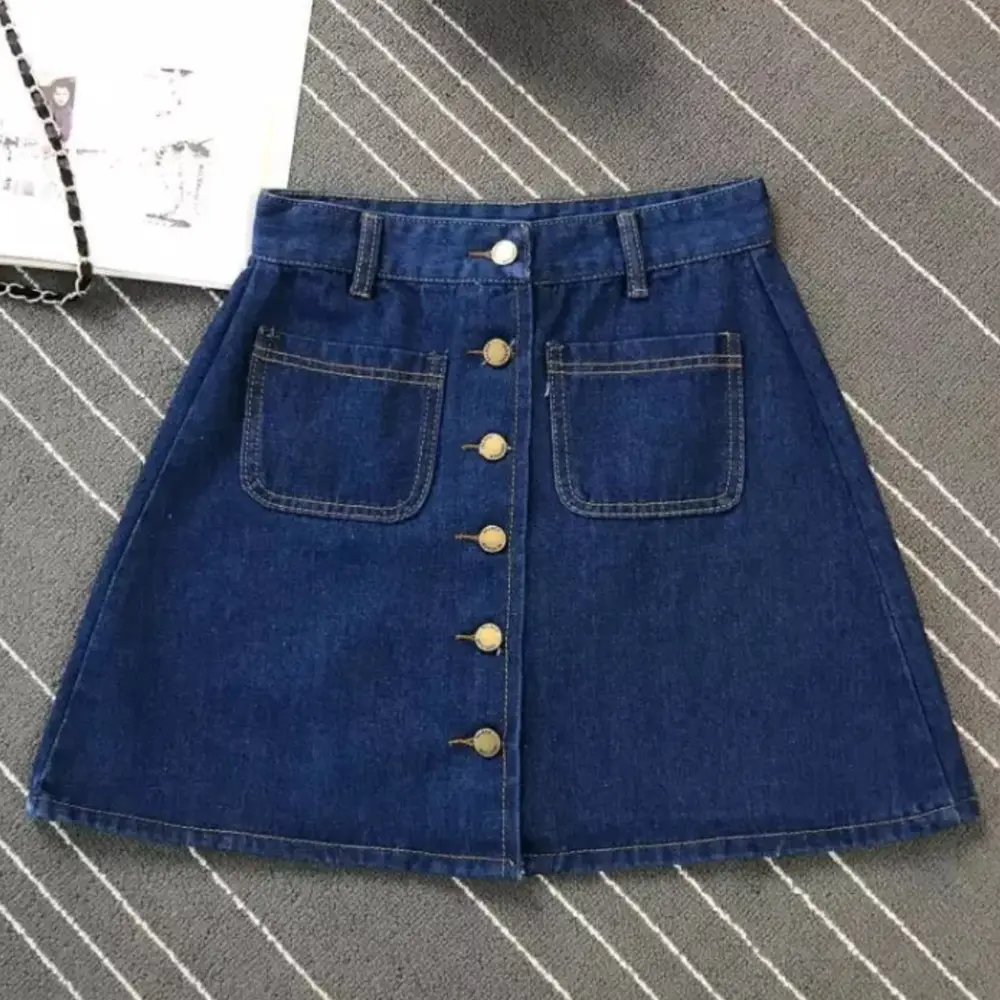Women Denim Skirt Blue Light Blue Button High Waist Slimming - Image 4