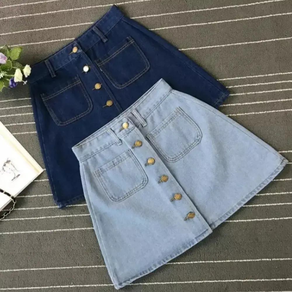 Women Denim Skirt Blue Light Blue Button High Waist Slimming - Image 5