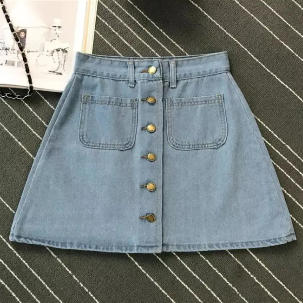 Women Denim Skirt Blue Light Blue Button High Waist Slimming - Image 3
