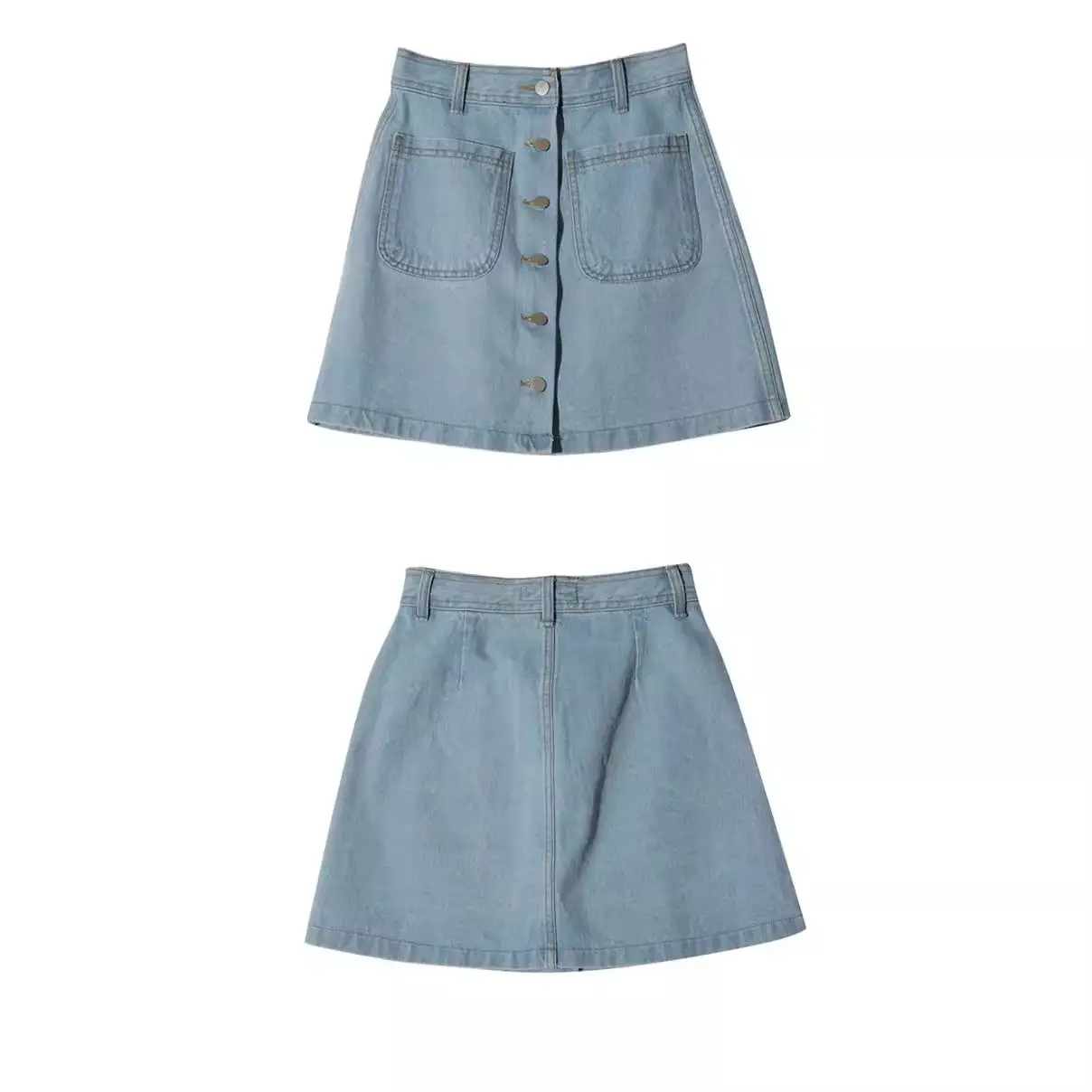 Women Denim Skirt Blue Light Blue Button High Waist Slimming - Image 6