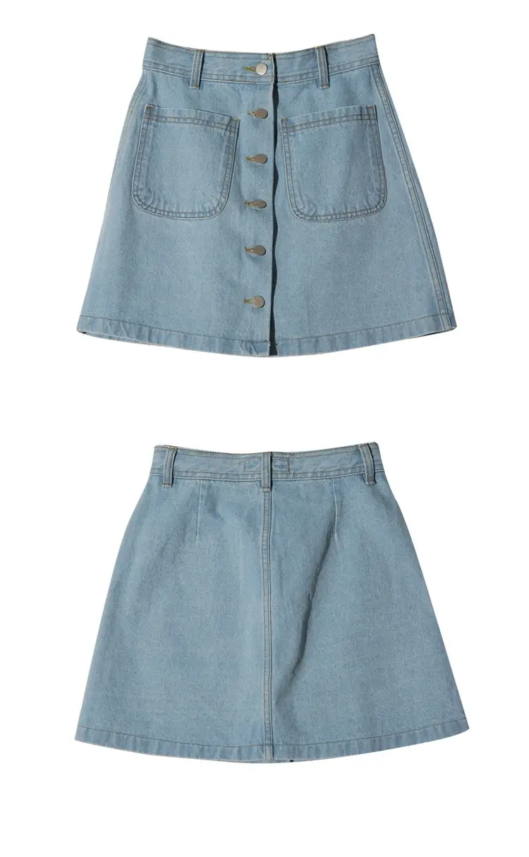 Women Denim Skirt Blue Light Blue Button High Waist Slimming — feature 10