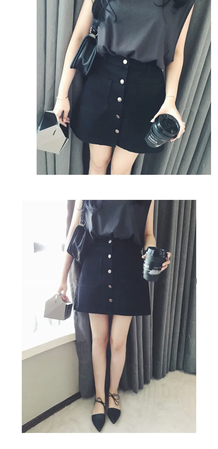 Women Denim Skirt Blue Light Blue Button High Waist Slimming — feature 13