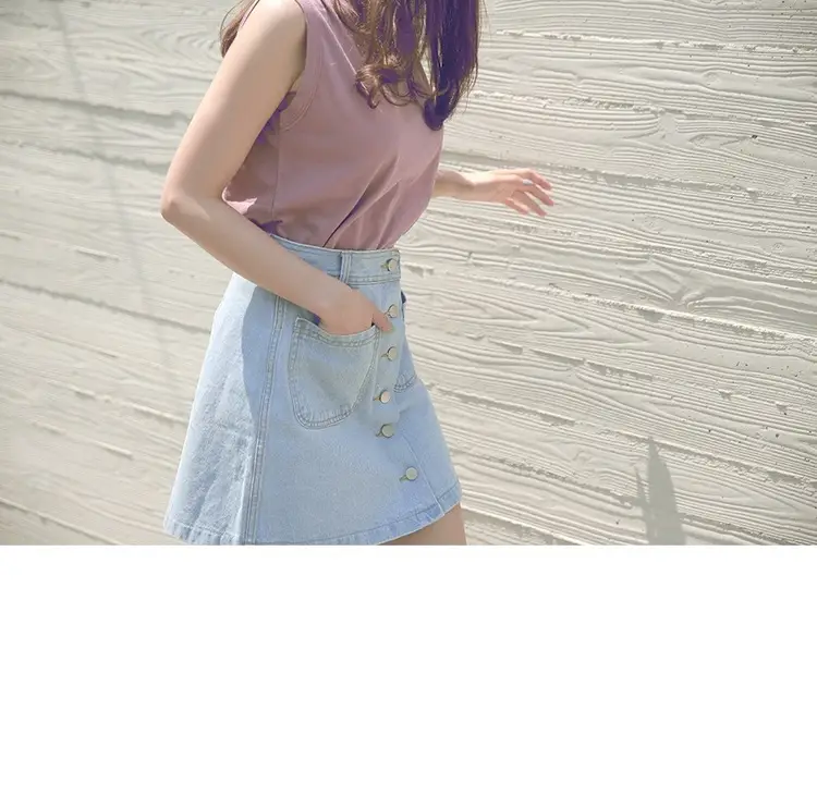 Women Denim Skirt Blue Light Blue Button High Waist Slimming — feature 3