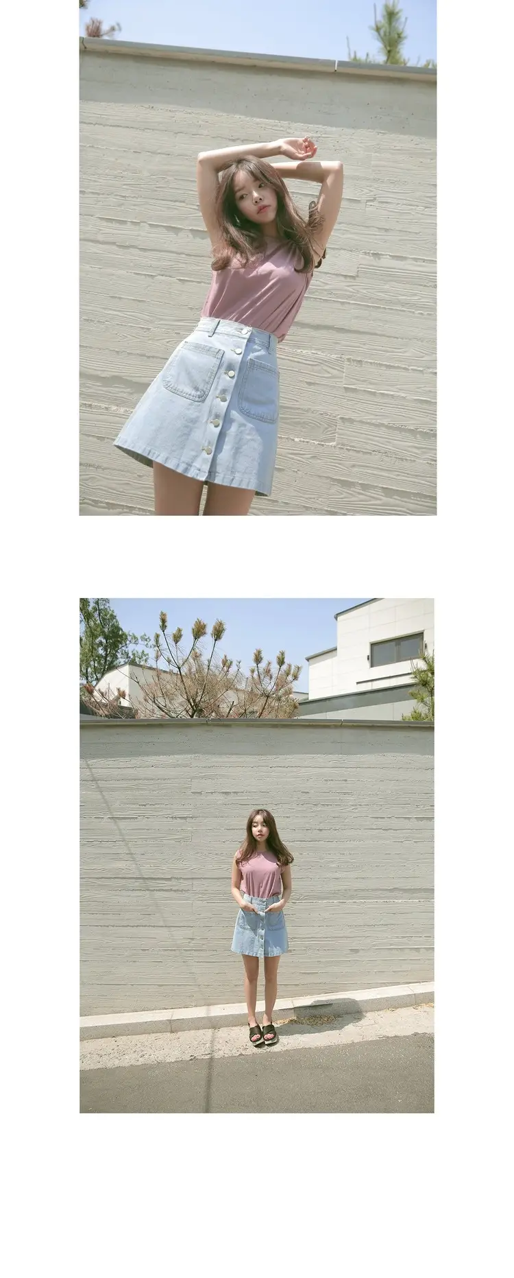 Women Denim Skirt Blue Light Blue Button High Waist Slimming — feature 6