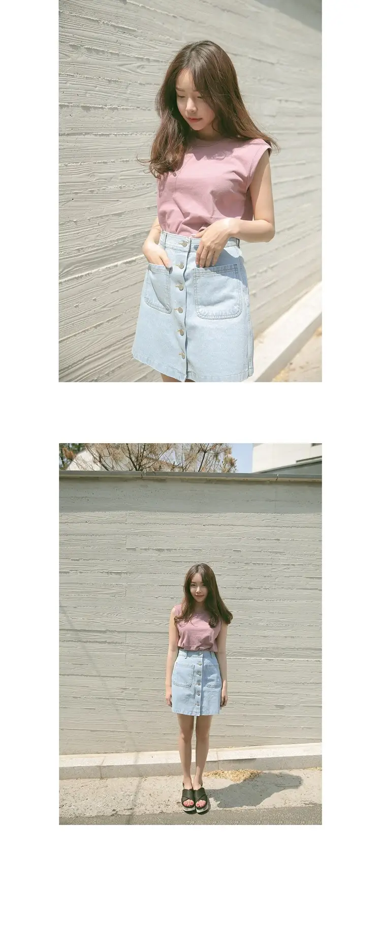 Women Denim Skirt Blue Light Blue Button High Waist Slimming — feature 8